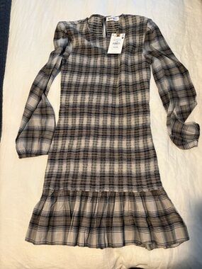 Plaid Smocked Peasant Blouse in Cream and Black